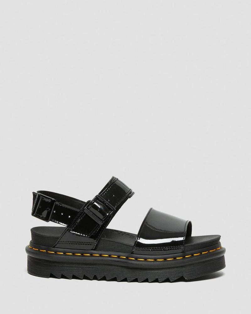 Black Women's Dr Martens Voss Patent Leather Gladiator Sandals | CA 307KOR